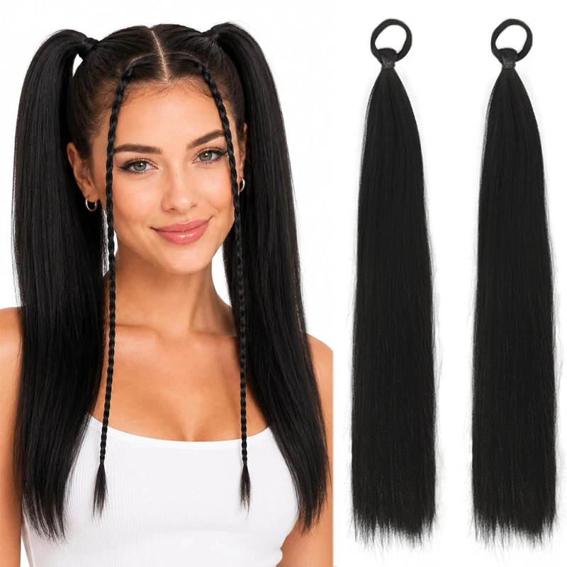 2PCS 18 Inch Straight Ponytail Extension Elastic Wrap Around Synthetic Hair Ponytail Hairpieces for Women Daily Wear