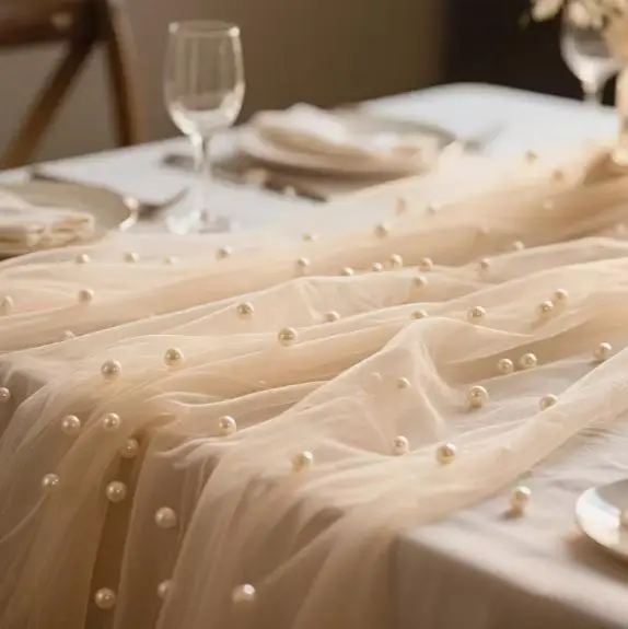Chiffon Table Runner With Pearl Semi Transparent Gauze Mesh Table Cloth For Wedding Bridal Shower Party Dining Decor 75x300cm