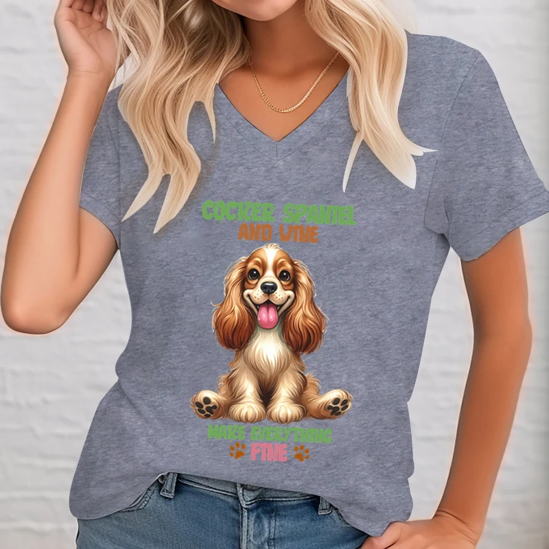 Women\'s Cute Spaniel T-Shirt Summer Cartoon Short Sleeve Tshirt Dog Paw Funny Design Loose V-Neck Tshirt Cocker Dog Lovers Tees