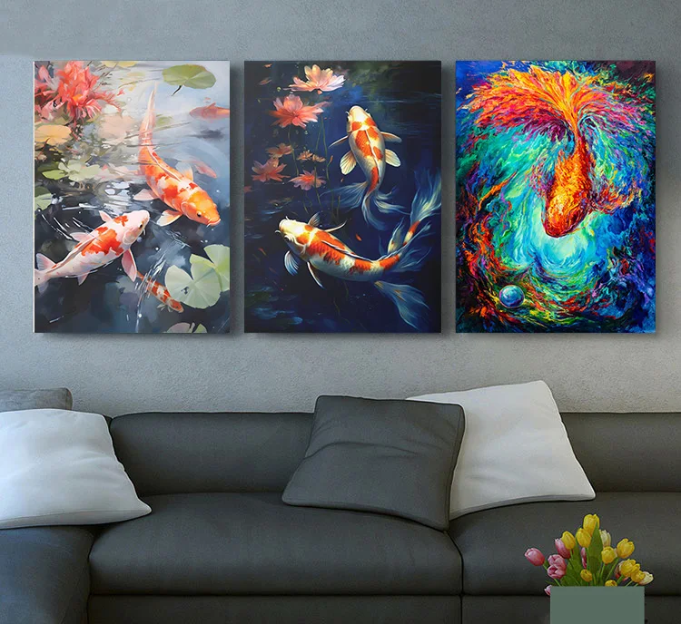 Japanese Watercolor Colorful Koi Lotus Pond Fish Poster Print Wall Art Pictures Canvas Oil Painting Living Room Home Decor Gift