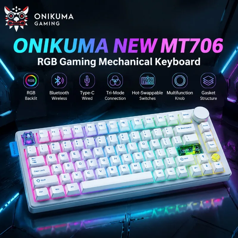 ONIKUMA MT706 Mechanical Keyboard RGB Wireless Bluetooth Gasket Mounted Hot Swappable Knob Custom Gaming Keyboard For PC Laptop