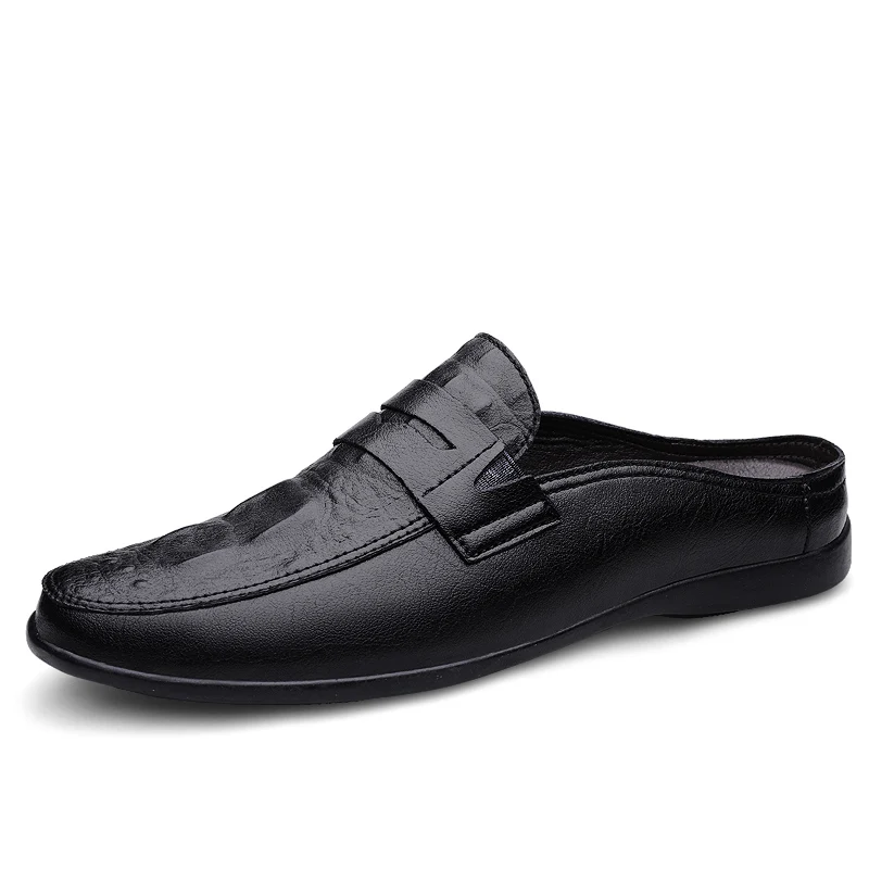 

Кожаные получешки для мужчин, черные сабо, лоферы с открытой спиной, тапочки, повседневная обувь с открытой спиной, уличные мужские шлепанцы, сандалии без шнуровки на плоской подошве