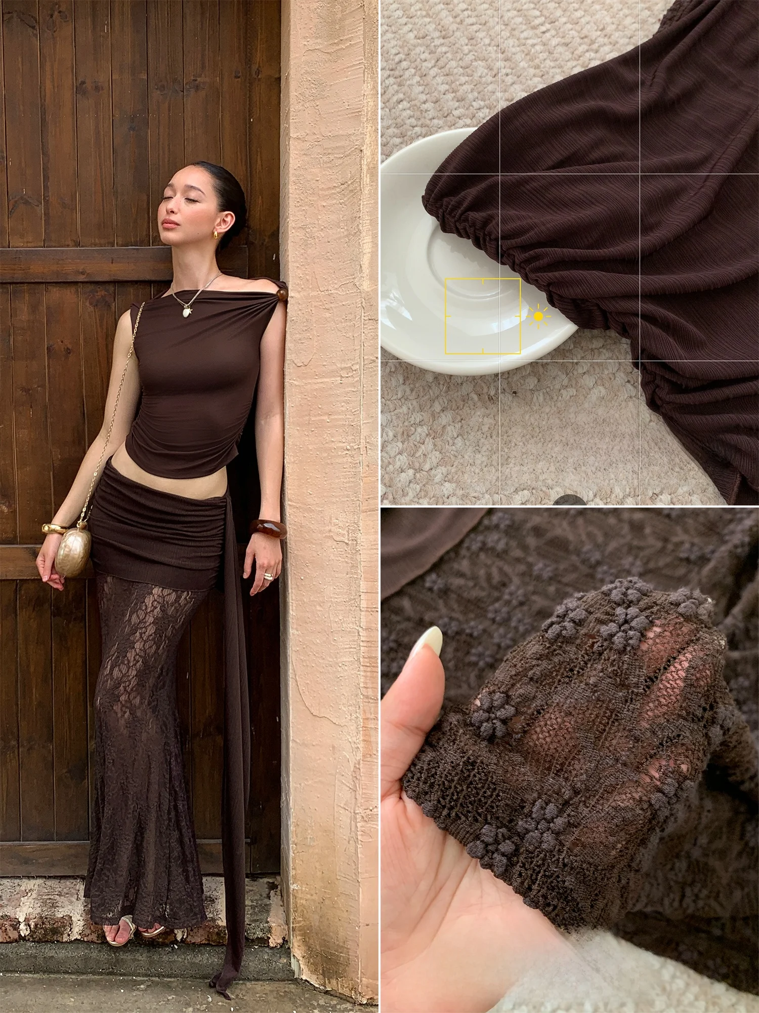Audwyn Retro Coffee Lace See-through Fish-tail Half Skirt Women's Pleated Belted Bodycon Pure Desire Long Skirt Street Style