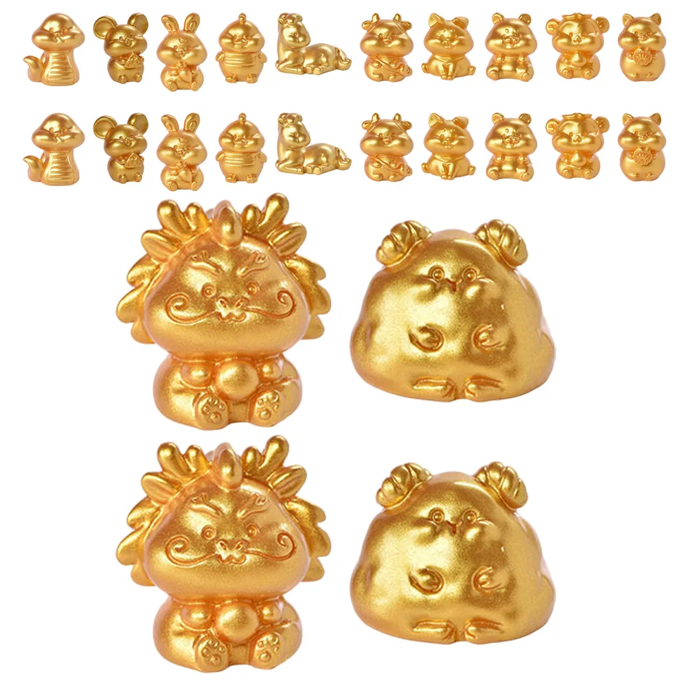 

24pcs Golden Resin Zodiac Figurines Small Animals Chinese Statues Home Decor Desktop Ornaments Mini Crafts New Year Gifts