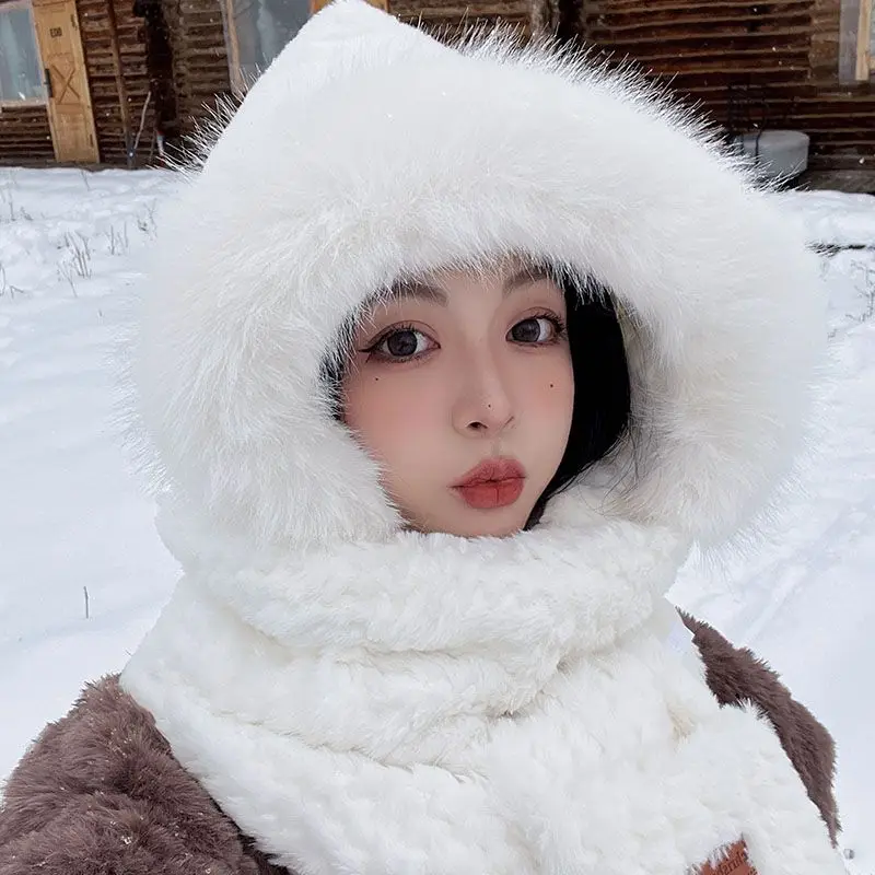 Fashion Winter Women Novelty Beanies Caps Warm Hat Casual Plush Hat Scarf Set Casual Solid Women Caps E1769