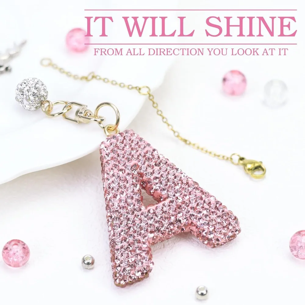 Personalized A-J Shine Letter Charm Pink Multiple Use Car Key Chain Rhinestone Handle Charm Water Bottle