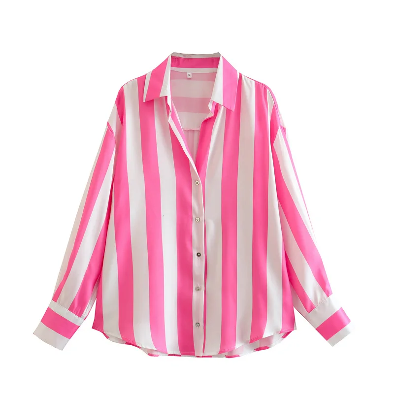 New Striped Print European and American Shirt Fashionable Lapel Commuter Women's Shirt Loose Casual Versatile Long-sleeved Tops