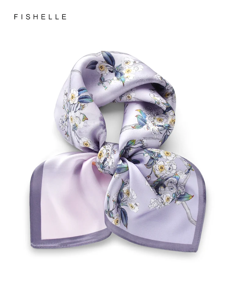 Gradient light purple flowers 100% natural silk scarfs women wrap shawl hijab 65cm square ladies hair scarf spring autumn