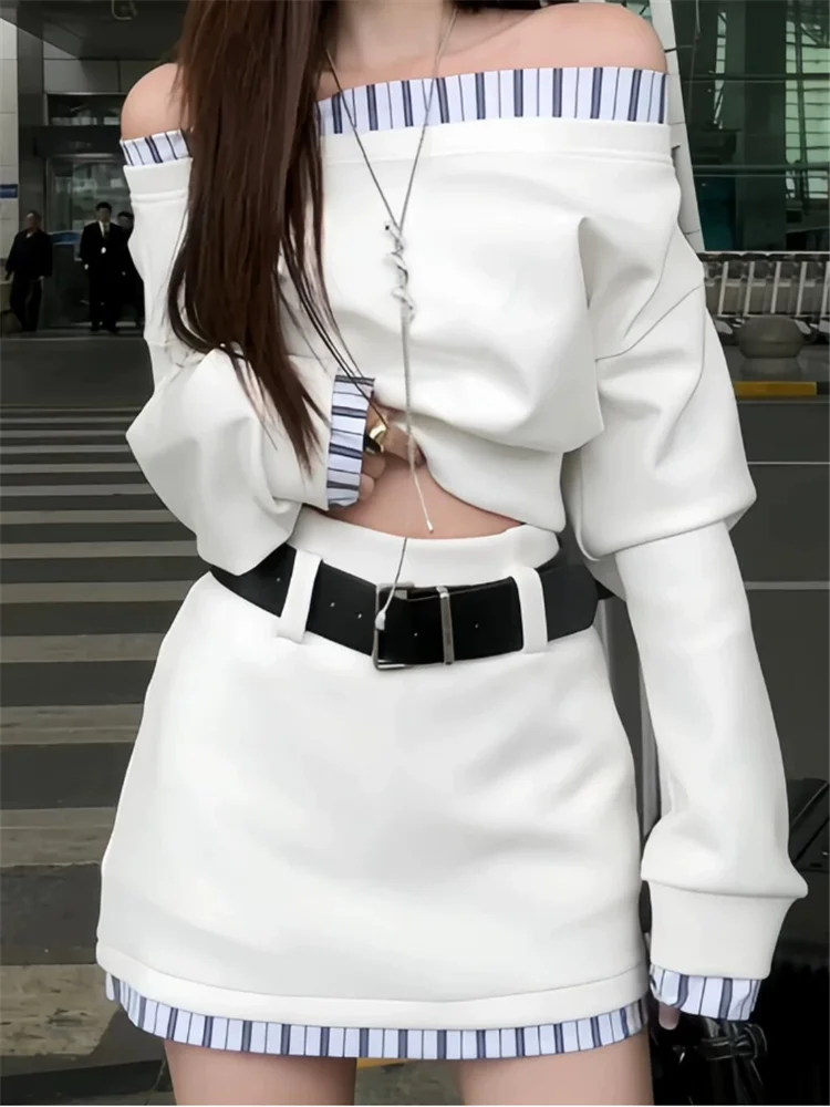 

New Fall Street Style Two Pieces Tracksuits Slash Neck Off Shoulder Hoodie Top&Mini Skirt Sets Patchwork Casual 2pc Dress Suits