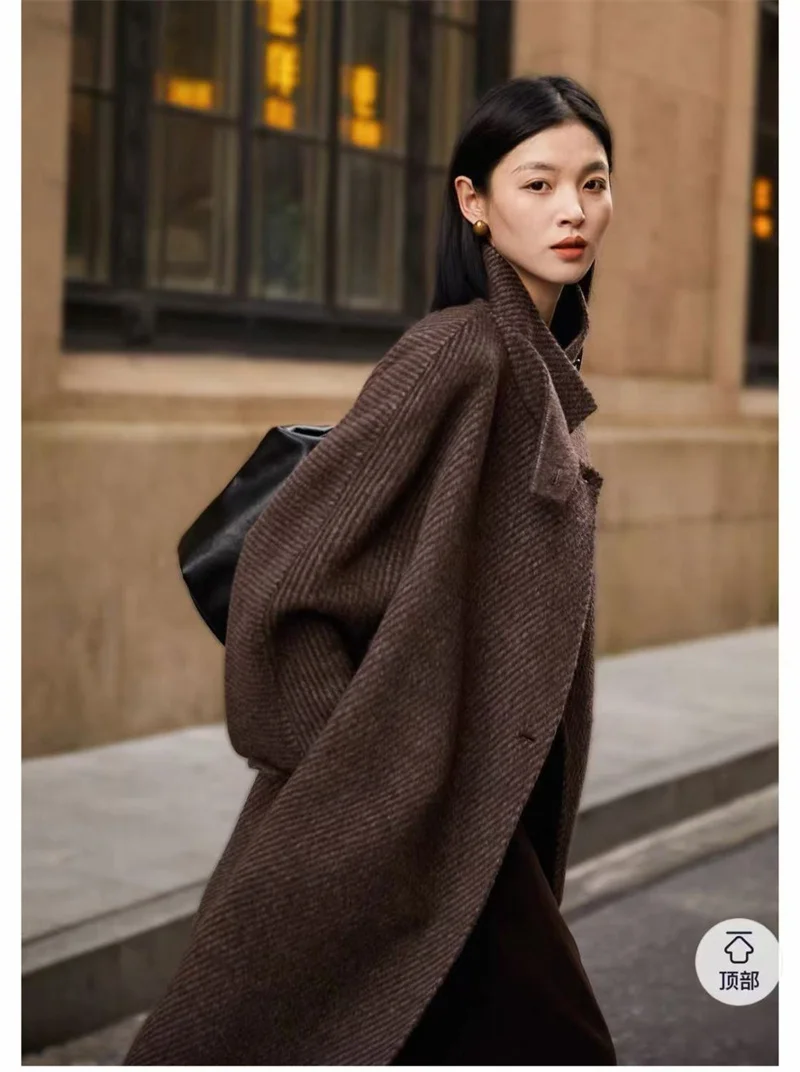 Wool Blends Coat Women Korean Thicken Long Jackets Oversized Lace Up Outwear Double-sided Cardigan Woolen Overcoat