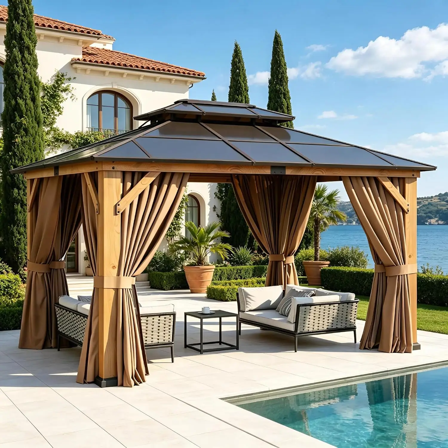 10' x 12' Wood Gazebo with Double Polycarbonate Roof, Natural | Outdoor Hardtop Gazebo, Permanent Wooden Pavilion with, Custom