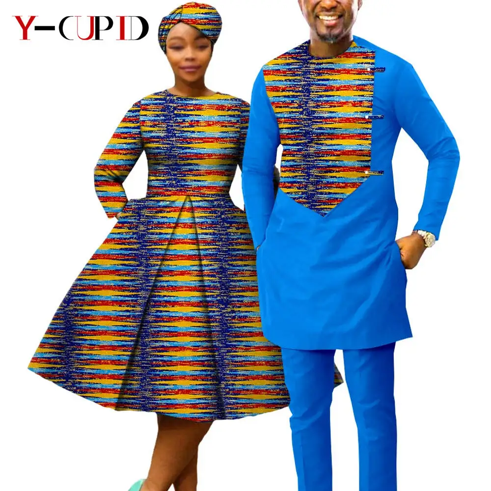 African Print Dresses for Women with Headwrap Matching Couple Outfits Dashiki Men Long Sleeve Pathwork Top and Pant Sets Y23C004