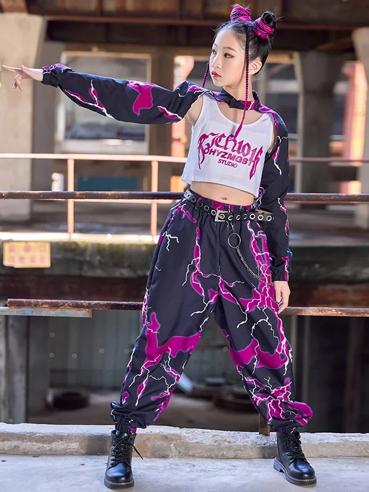 Tenue de spectacle de danse moderne K-pop pour filles, vêtements de spectacle de piste, vêtements hip hop pour enfants, costume de danse jazz, noir, violet