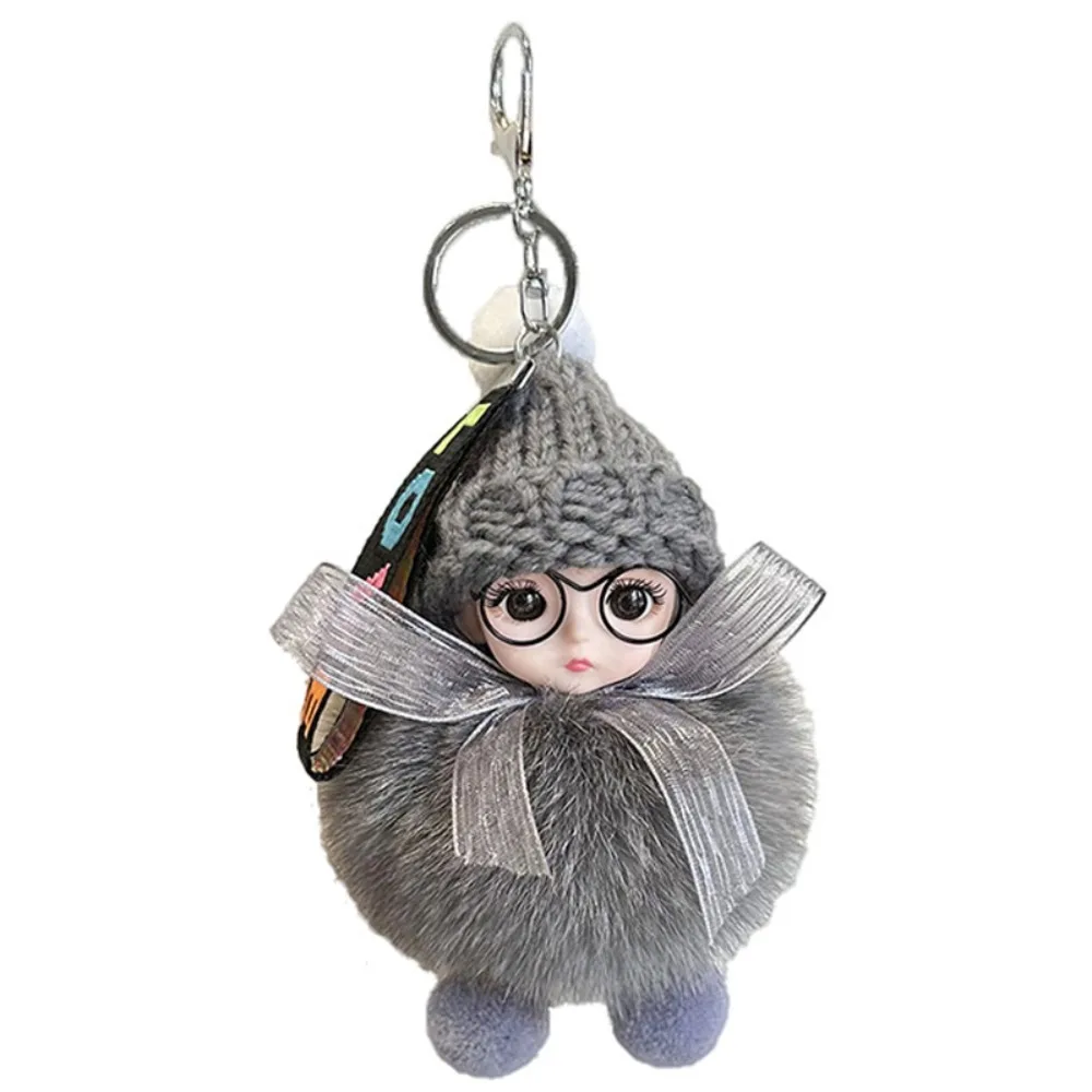 Plush Doll Pompom Sleeping Baby Keychain Fluffy Soft Fluffy Plush Doll Keyring Charm Fashion Cute Pompom Keychain Women