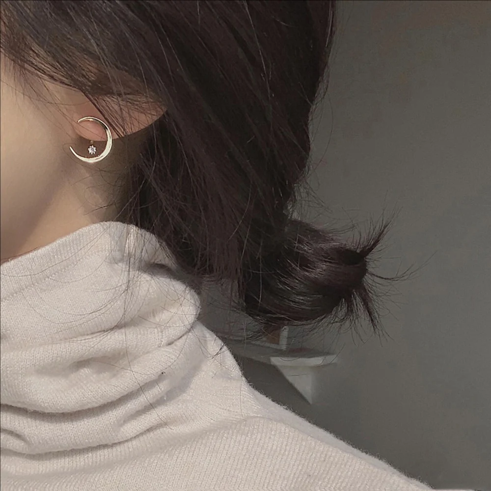 

Silvery Needle A Pair Of Two-wear Zircon Moon Earrings Creative Design Studs Unique And Niche Jewelry