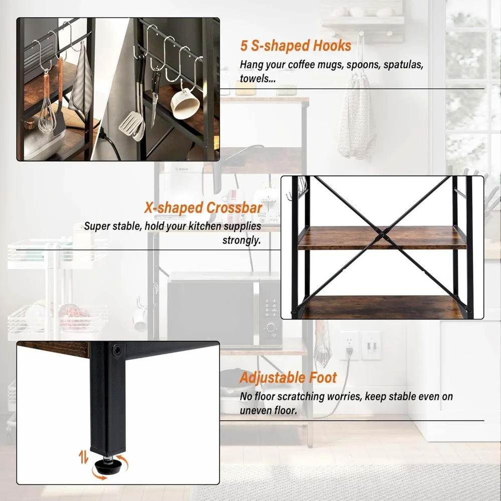 3-Tier Kitchen Storage Shelf with Power Outlet, S-Shaped Hooks, Microwave Stand, Coffee Station Utility