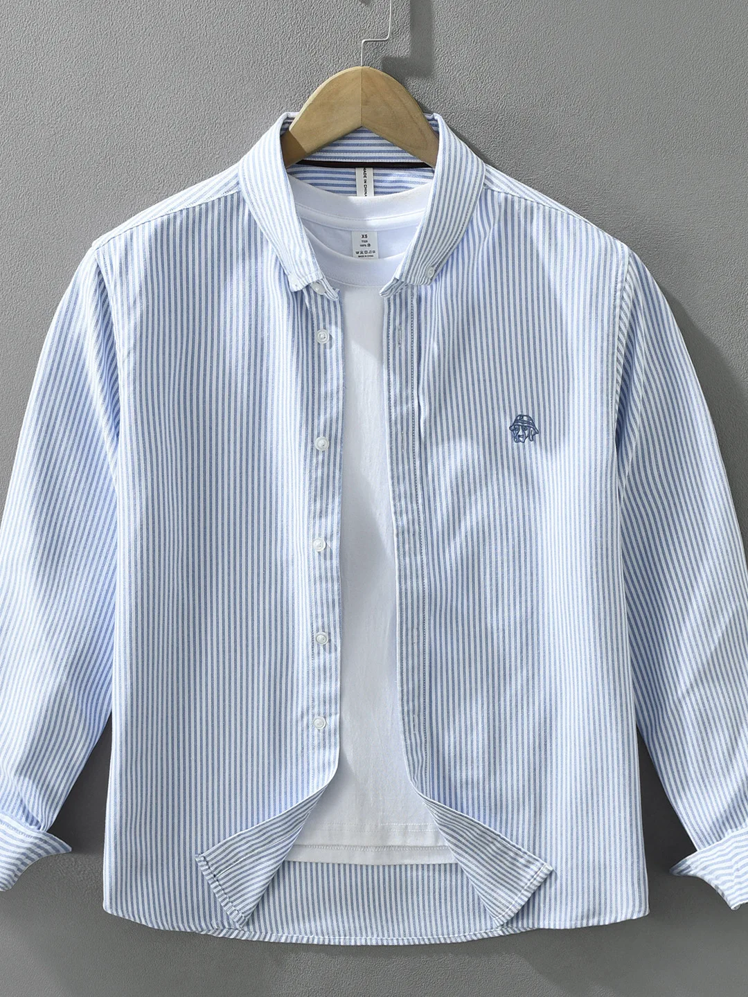Long Sleeve Embroidered Oxford Cloth Cotton Casual Shirt Men's Slim Fit Japanese Style Striped Shirt Comfortable Breathable