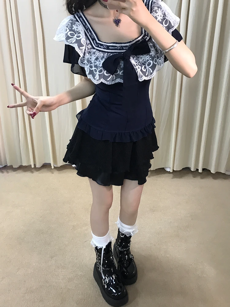 Sommer 2022, neue Spitze, Spleißen, quadratischer Kragen, Taille, Cinching-Top, hohe Taille, schlankmachender Rock, ort Dring, zweiteiliges Set für...