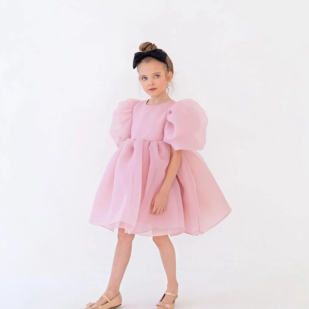 Cute Baby Girl Flower Girl abiti maniche corte O collo compleanno principessa Party Gown lunghezza al ginocchio Oranza santa comunione Dress