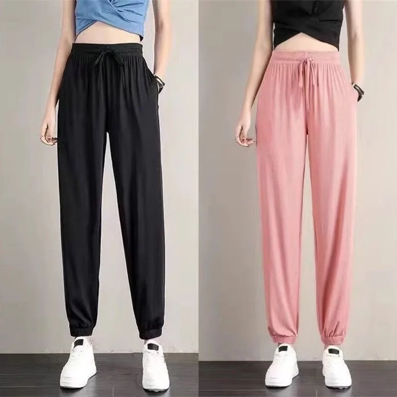 Ice Silk Sports Pants Tie Feet Women Student Loose Large Size Slimming Summer Thin Casual Guard Pants Drop Feeling Pants