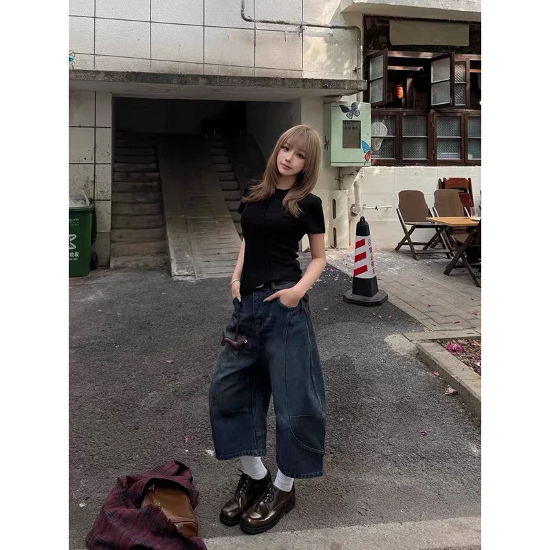 Vintage Y2k Baggyกางเกงยีนส์สีฟ้าผู้หญิงฤดูร้อนเอวสูงอเมริกันStreetwearขากว้างเข่าความยาวกางเกงสบายๆหลวมDenimกางเกงขาสั้น