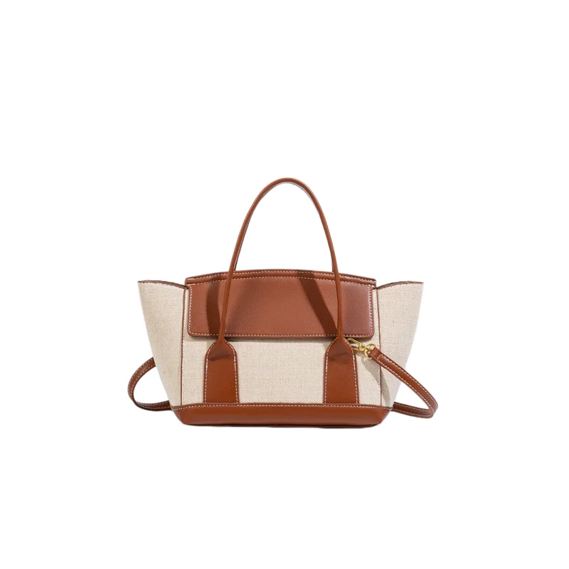 Vintage Color Blocked Canvas Tote Bag Casual Splicing Women Handbag Soft PU Leather Patchwork Shoulder Crossbody Bag