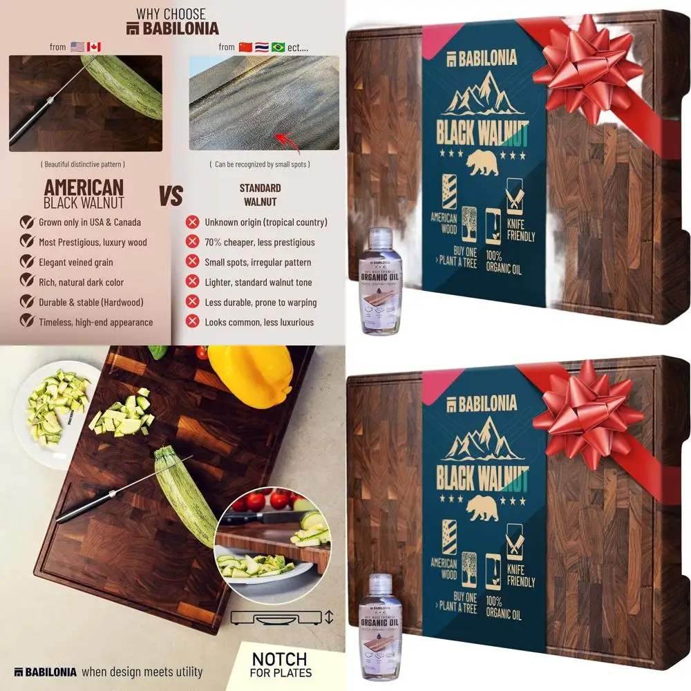 

Thick 1.7 American Black Walnut Chopping Board, Premium End Grain Butcher Block, 15.7L x 10.2W with Oil & Plate