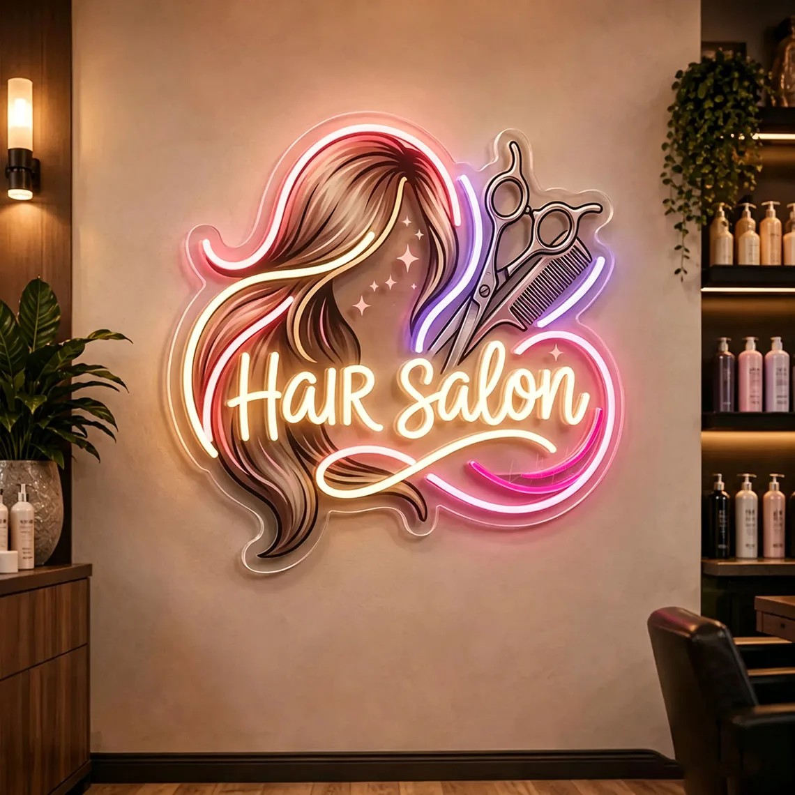Hair Salon LED Neon Sign,Hair Stylist Sign,Beauty Studio Wall Decor,Hairdresser Scissors Light Up Sign,Scissors Wall Art