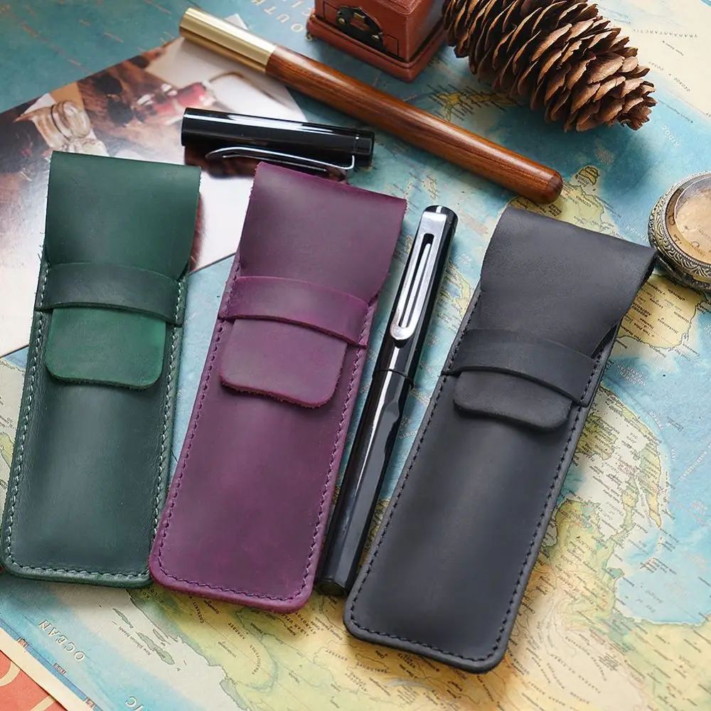 Retro Zipper Cowhide Pencil Case Pencil Holder Handmade Pen Protective Bag Leather High-end Pen Sleeve Pouch Journal