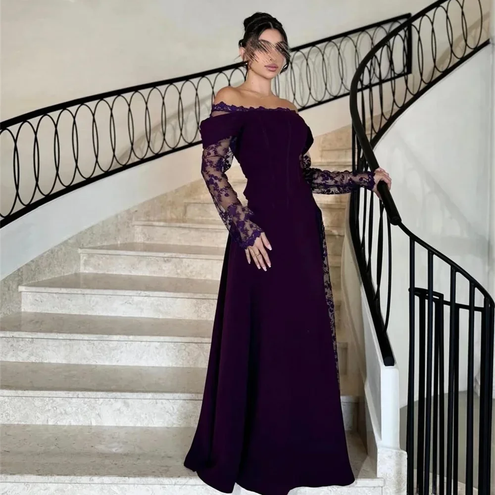 

Purple Lace Prom Dress Woman Long Elegant Off Shoulder Evening Party Dress Customized Saudi Arabia Floor Length Party Dresses