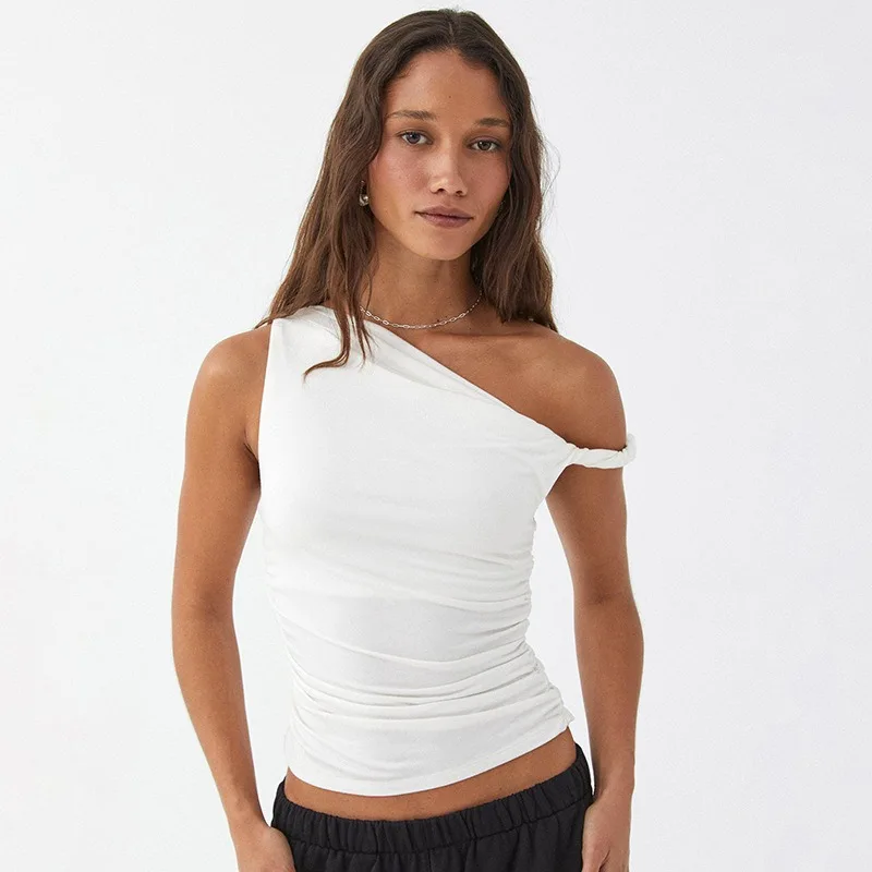 

In the summer of 2025, the new solid color one-shoulder diagonal collar pleated asymmetric sexy slim blouse woman