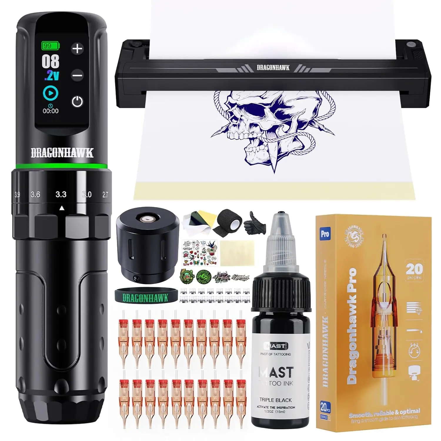 

Wireless Tattoo Machine Kit with A4 Thermal Printer - Complete Starter Set for Beginners, 7 Strokes, 7hr Battery, 20 Needles, Practice Skin