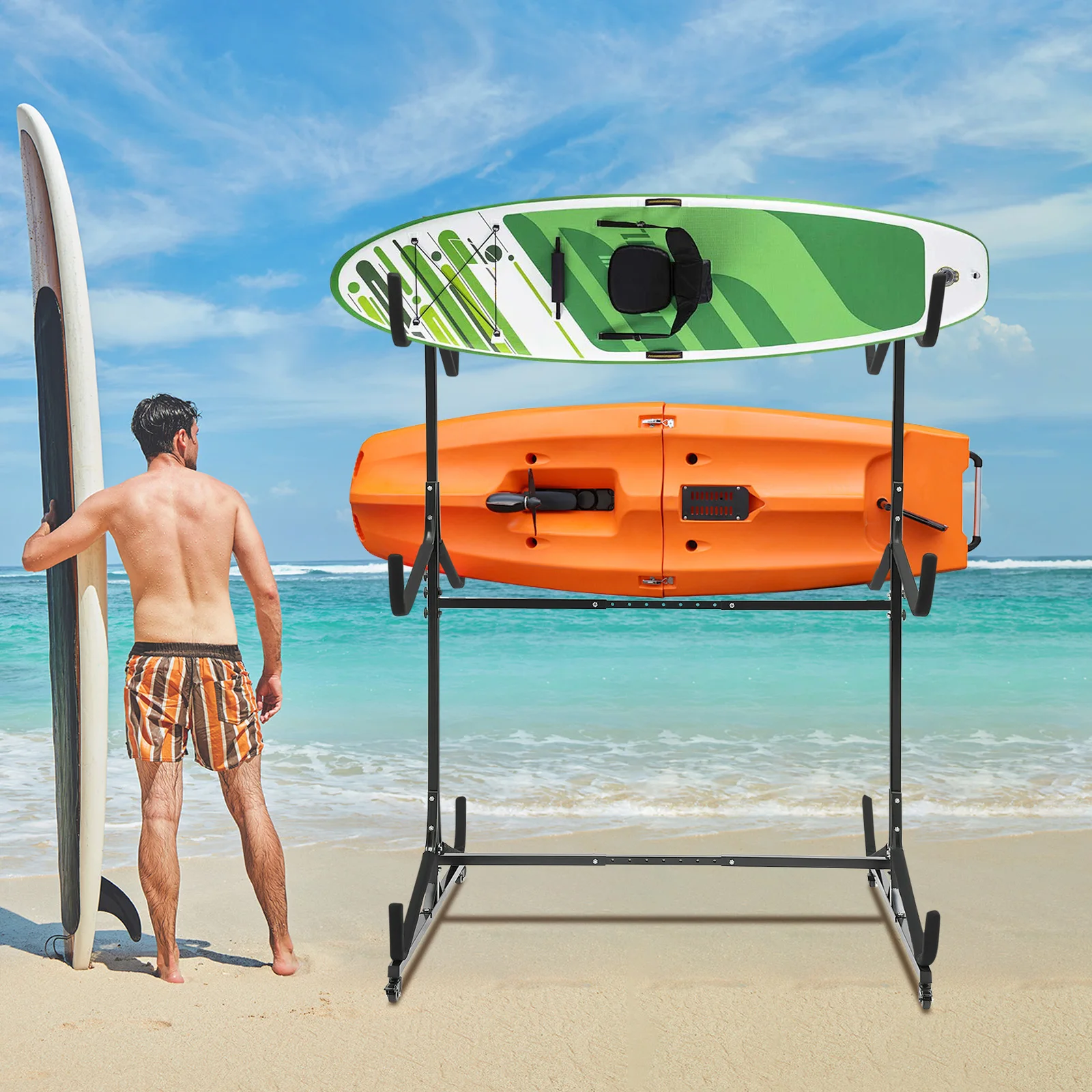 Heavy Duty Freestanding Kayak Storage Rack, Adjustable Width Organizer with 4 Lockable Casters for Kayak Canoe SUP Paddleboard Indoor Garage Dock Use