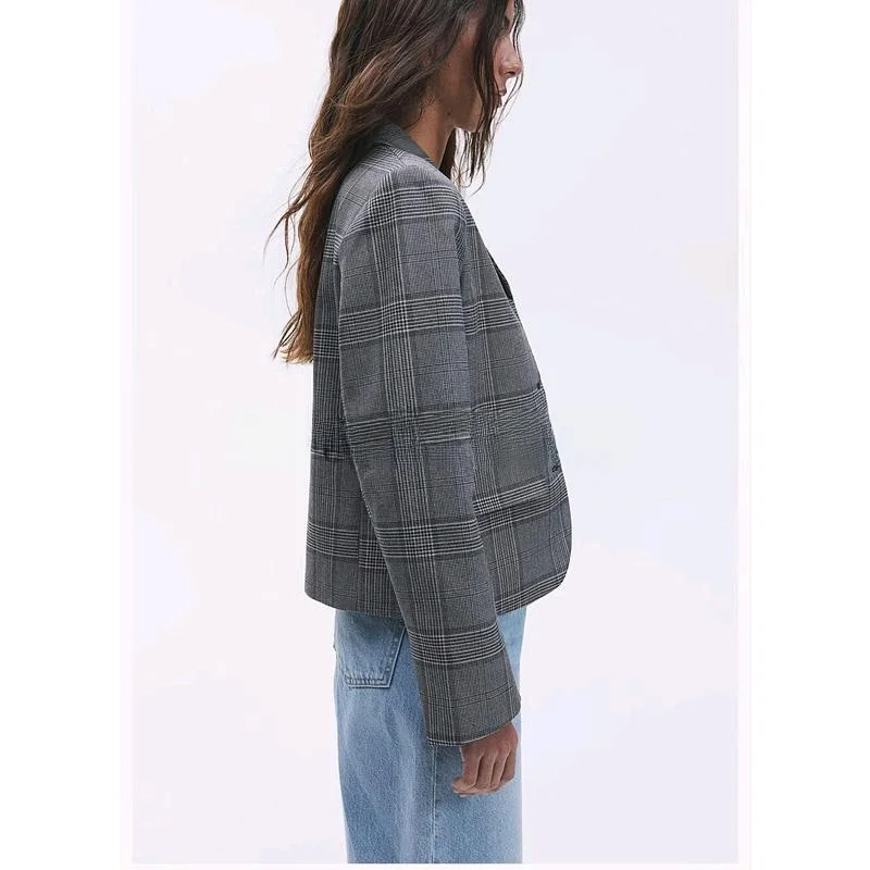 Lente nieuwe collectie dames casual lange Sve V-Ne enkele knop pak Jaet woon-werkverkeer Sle losse pasvorm ort lengte geruite pat...