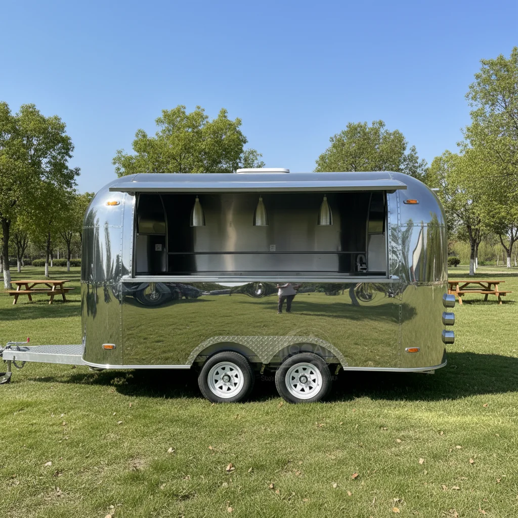 Remolque de Comida de Acero Inoxidable con Eje Tándem Doble, Calentador de Hot Dogs, Acabado Pulido Espejo, Resistente a la Corrosión, para Venta Ambulante y Catering