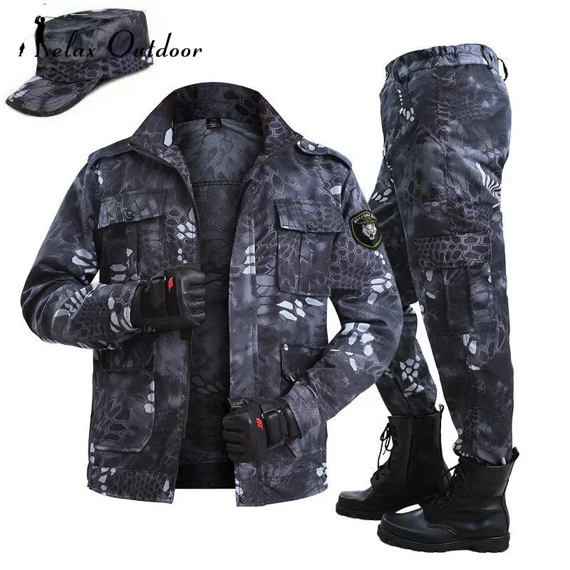 Spring Outdoor Black Python Pattern Camouflage Suit Fishing Protection Sets Wear-resistant Overalls Labor Protection Clothing