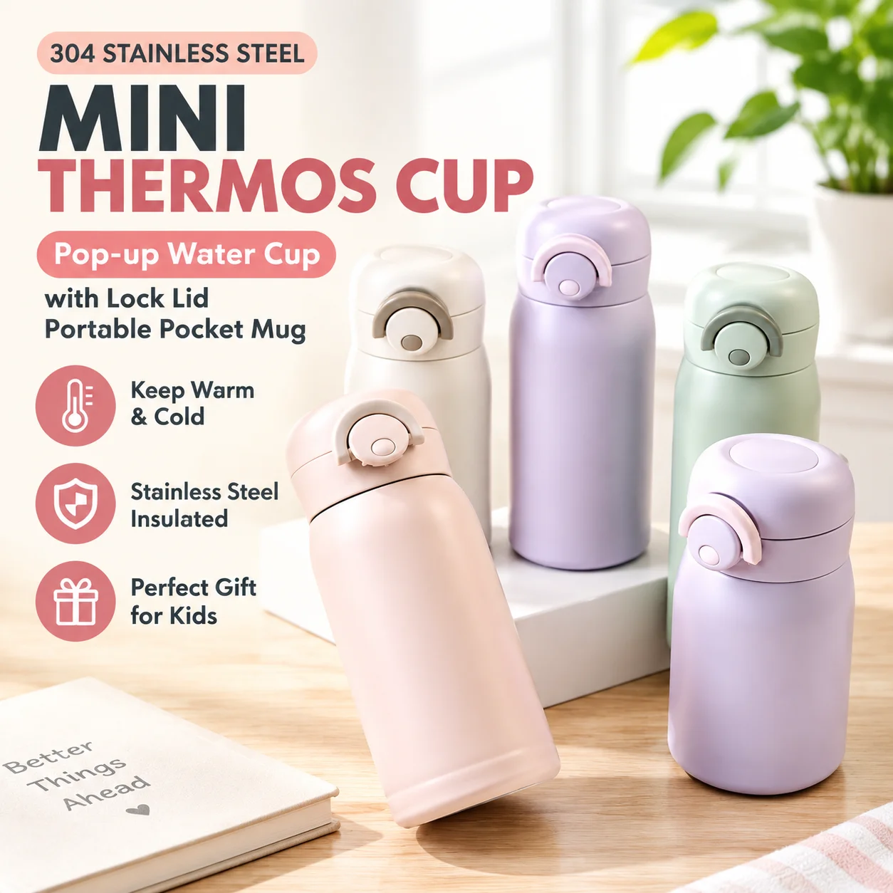 304 Stainless Steel Mini Vacuum Thermos Pop-up Water Cup with Lock Lid Portable Pocket Mug