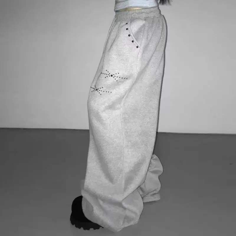 American Hip-Hop Retro Rivets Loose Wide-Leg Pants Women Black Gothic Casual Sweatpants Korean Jogging High-Waist Streetwear