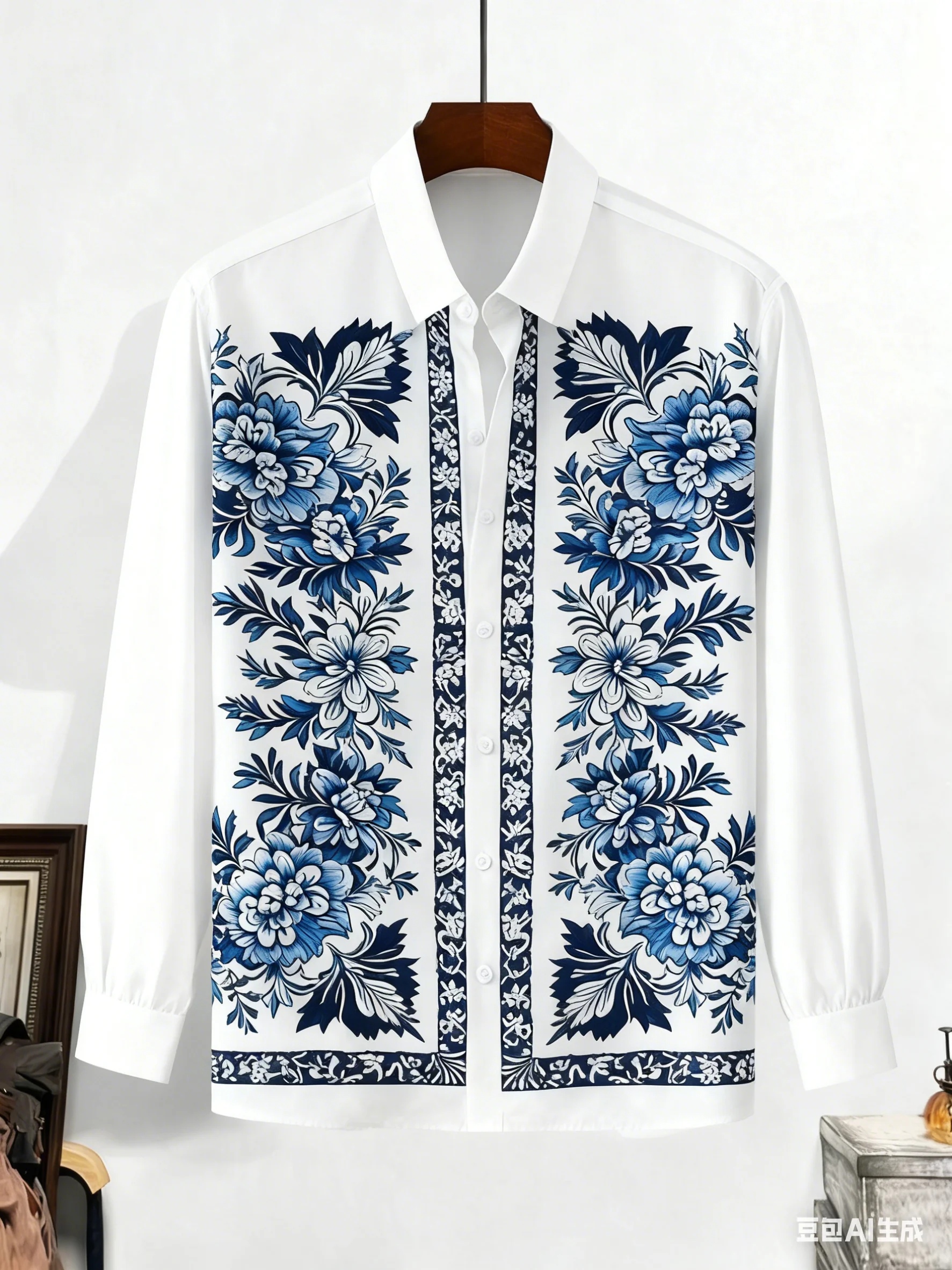

Men's New Long-sleeved Plant Vine French 3D Printed Shirt Hawaiian Beach Vacation Outdoor Party Outer Wear Xmas Shirt Dress Man