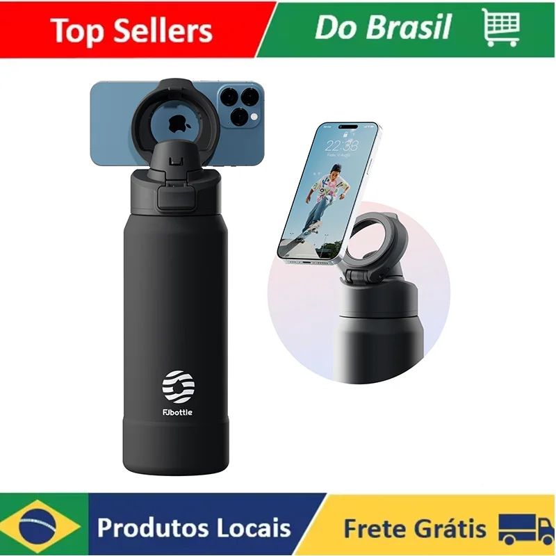FEIJIAN Garrafa térmica magnética de aço inoxidável para esportes, garrafa de água com suporte magnético para telefone, tampa saltitante, copo de isolamento