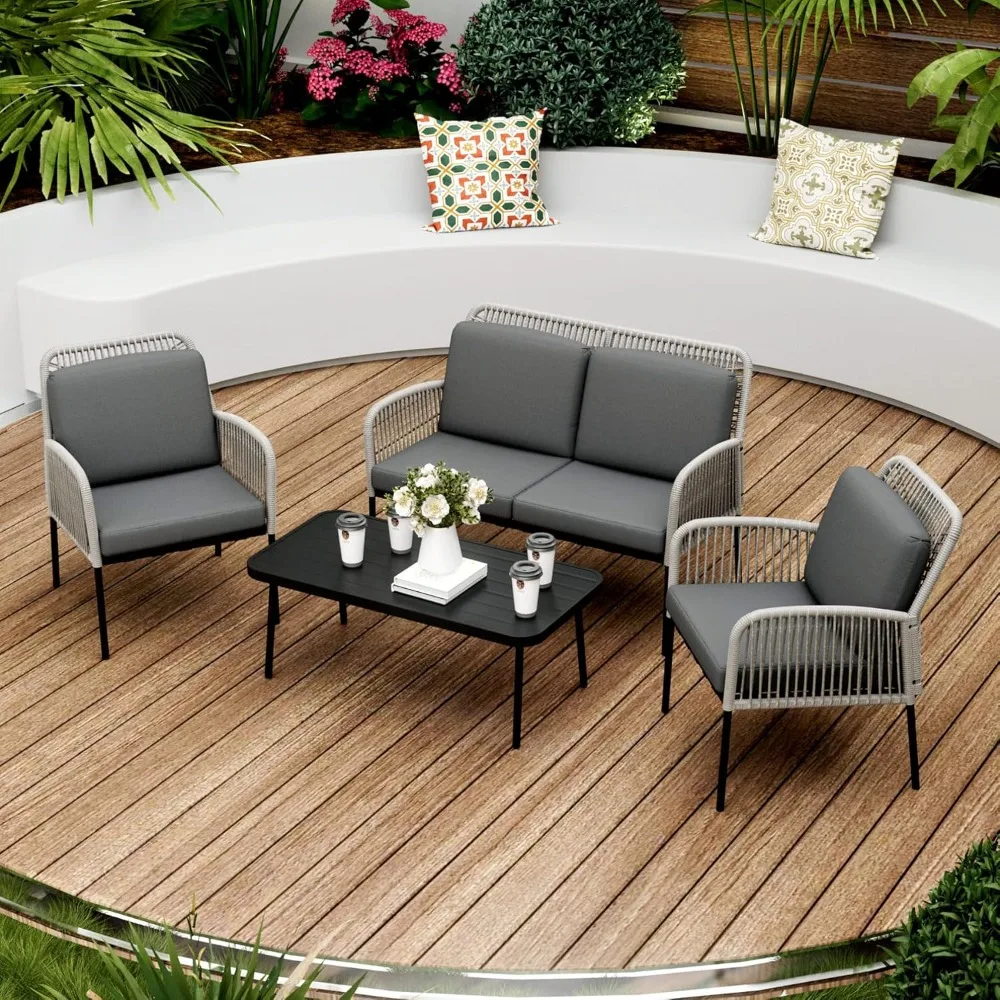 

4 Pieces Patio Furniture Set，Outdoor Conversation Set with 2 Wicker Chair& Loveseat Sofa，All-Weather PE Rattan Loveseat Couch wi