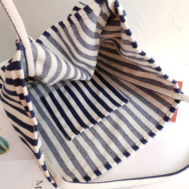 Women's Fashion Underarm Shoulder Bag Striped Canvas Retro Casual Commuting Tote Bag Portable Large Capacity Shopping Bucket Bag