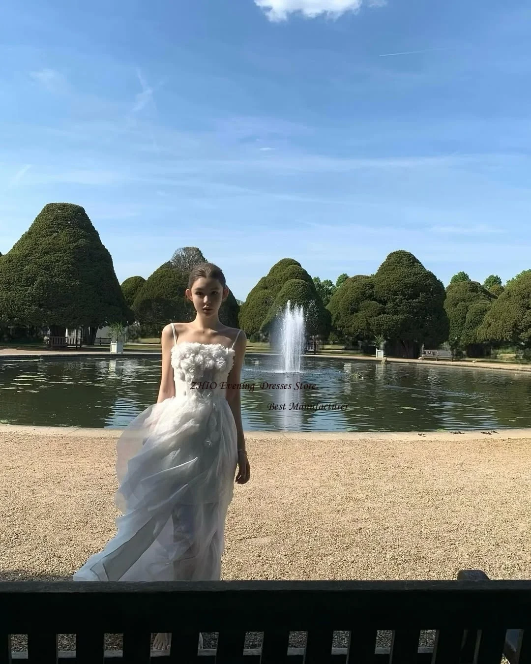 ZHIO Lusso 3D Fiore Tulle A Line Illusion Abito da sposa coreano Servizio fotografico Senza spalline Cinghie per spaghetti Abiti da sposa Personalizzati