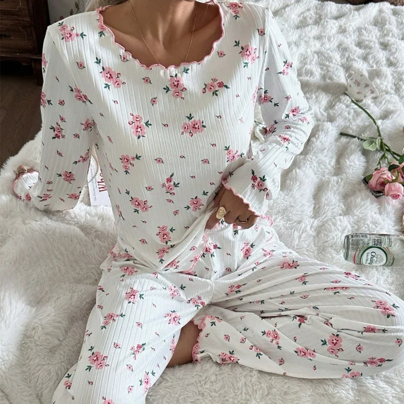 2pcs Women Sweet Floral V‑Neck Pajama Set Fashion Printed Casual Home Loungewear Sleepwear Outfit
