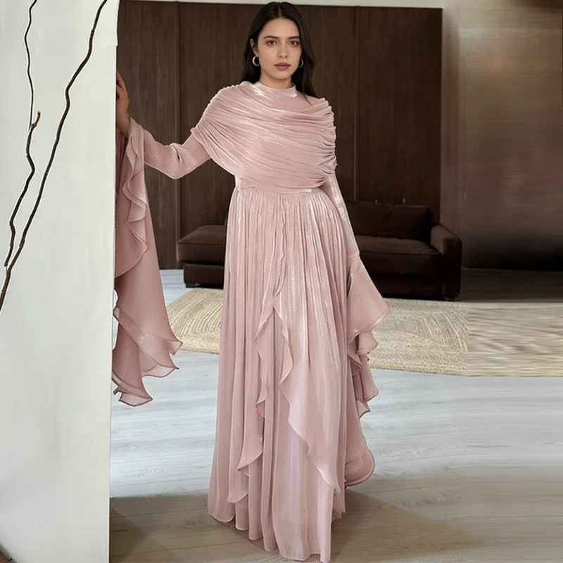 Shiny Beading Formal Occasion Dresses High Neck A Line Prom Gowns Modest Arabia Pleated Evening Dress Customized