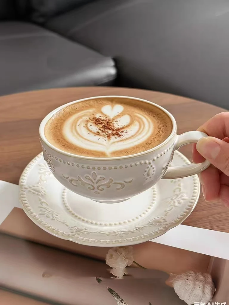 French Retro Relief Flower Cup and Dish Set, Ceramic Coffee Cup, Afternoon Tea Latte Cup, Artistic Home Decoration, Holiday Gift