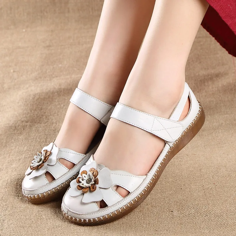 100% Genuine Leather Sandals Women Summer Shoes Flat Flowers Mother Shoes Thick Sole Non-slip Casual Woman Summer Sandals A2425