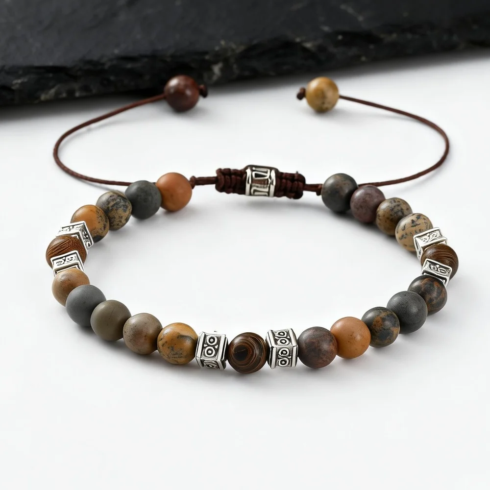 

Vintage Beaded Bracelets for Men,Brown Natural Stone Adjustable Beaded Bracelet,Casual Jewelry Gift for Him