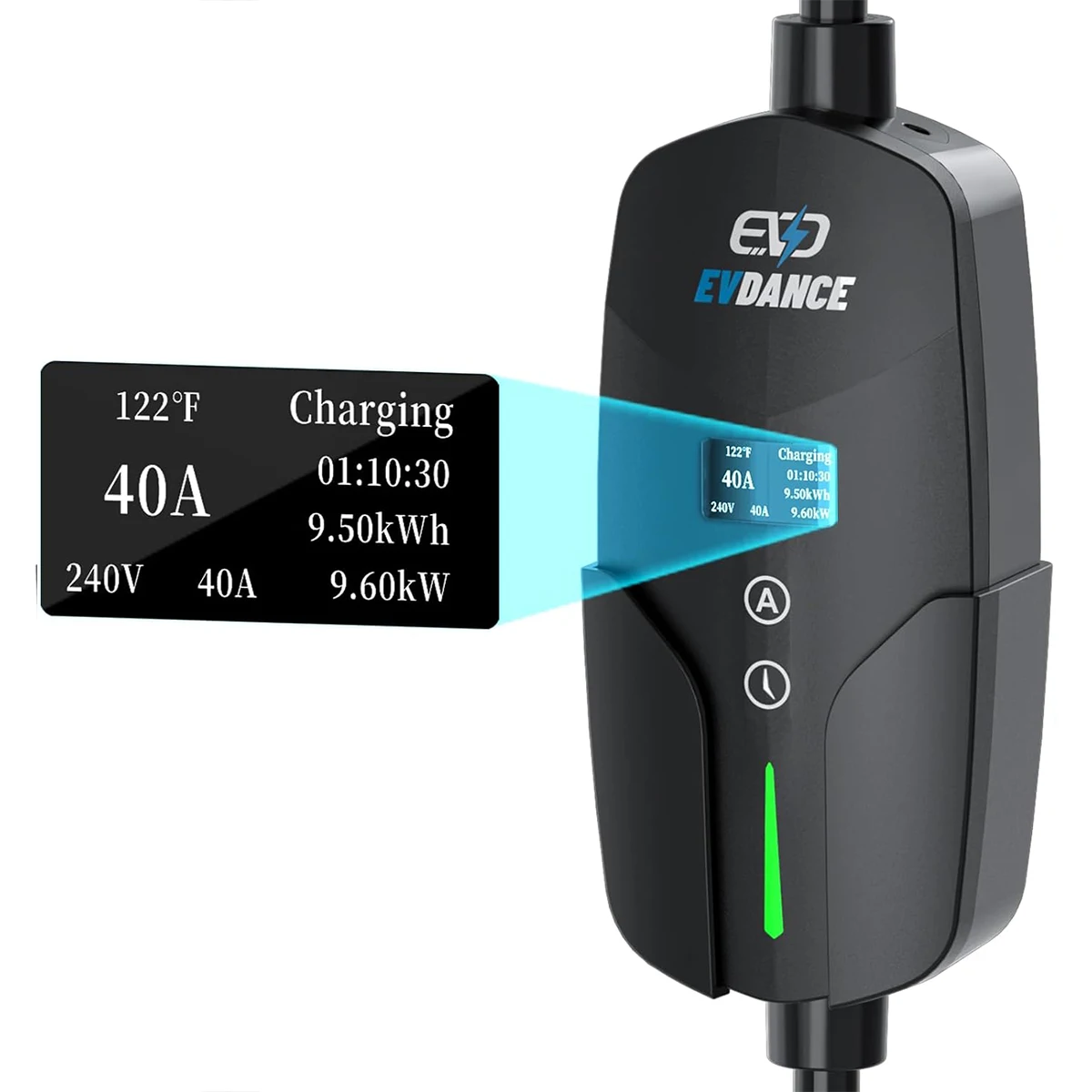 EVDANCE Portable EV J1772 Chargers 40A NEMA 14-50 Plug 9.6Kw Charging Cable Car Electrical Devices OLED Display Current Value