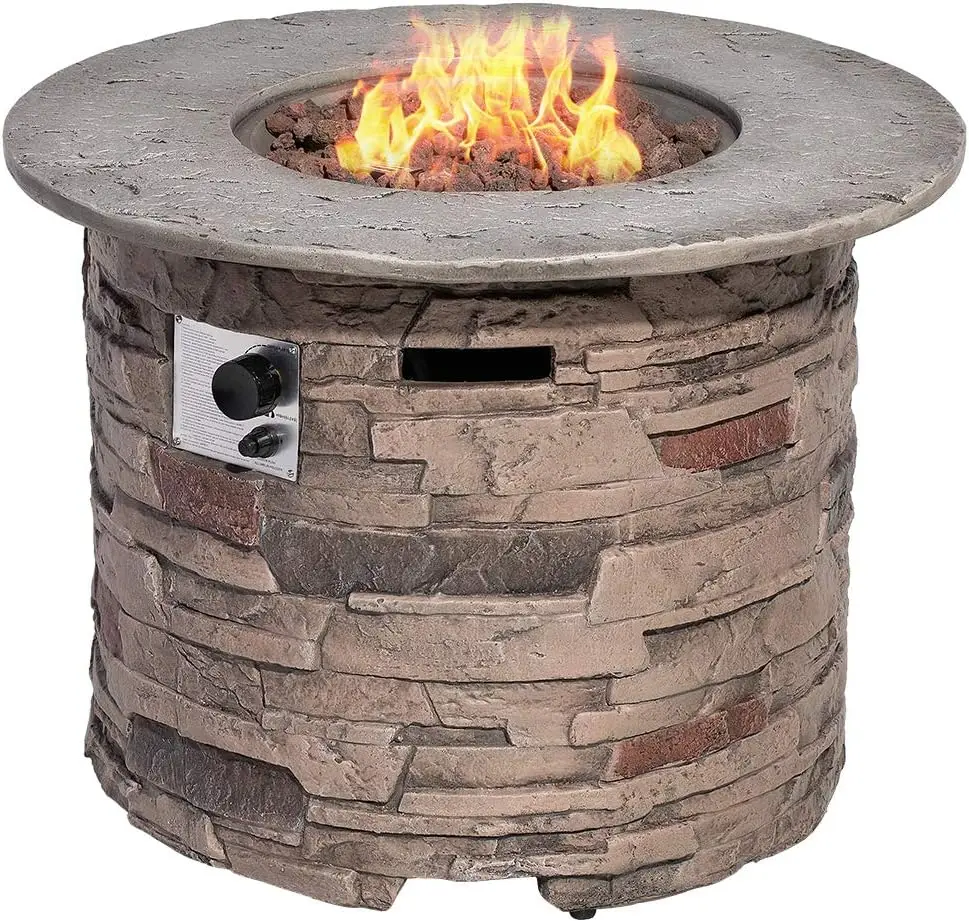 

SUNBURY Outdoor Fire Pit Propane Round Pit Table Column, Stonecrest 40,000 BTU Gas Pit for Outside w Lava Rocks,